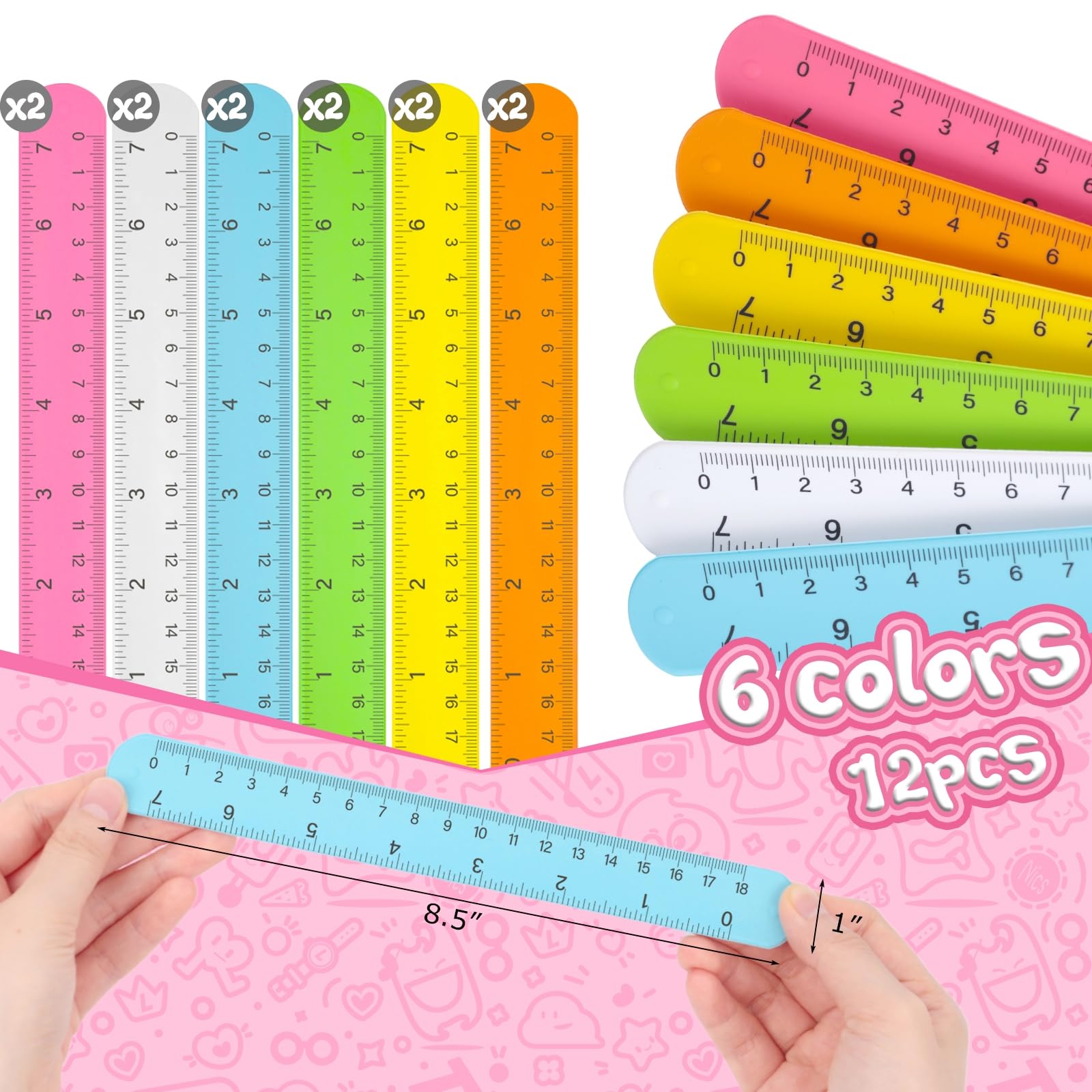 LovesTown 12PCS Ruler Slap Bracelets, Colorful Silicone Snap Bracelets Wristband with Scale for Kids Gifts Party Favors Classroom Prizes