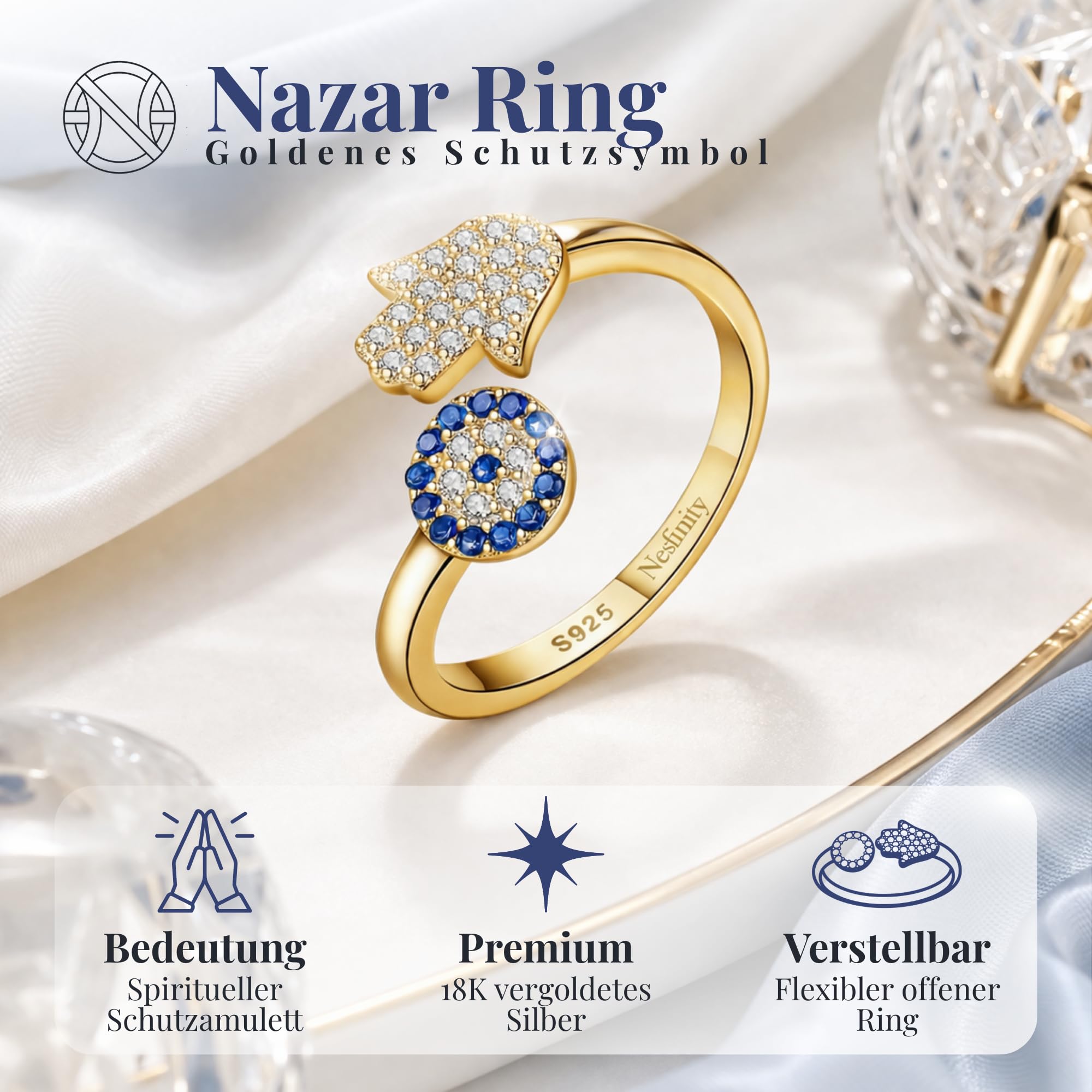 Nesfinity Nazar Boncuk Ring 925 Silber vergoldet | Verstellbarer Damenring | Fatima Hamsa & Evil Eye Talisman | Türkisches Auge Schmuck Geschenk | Goldring | Böser Blick | Goldkette | Silberhalskette