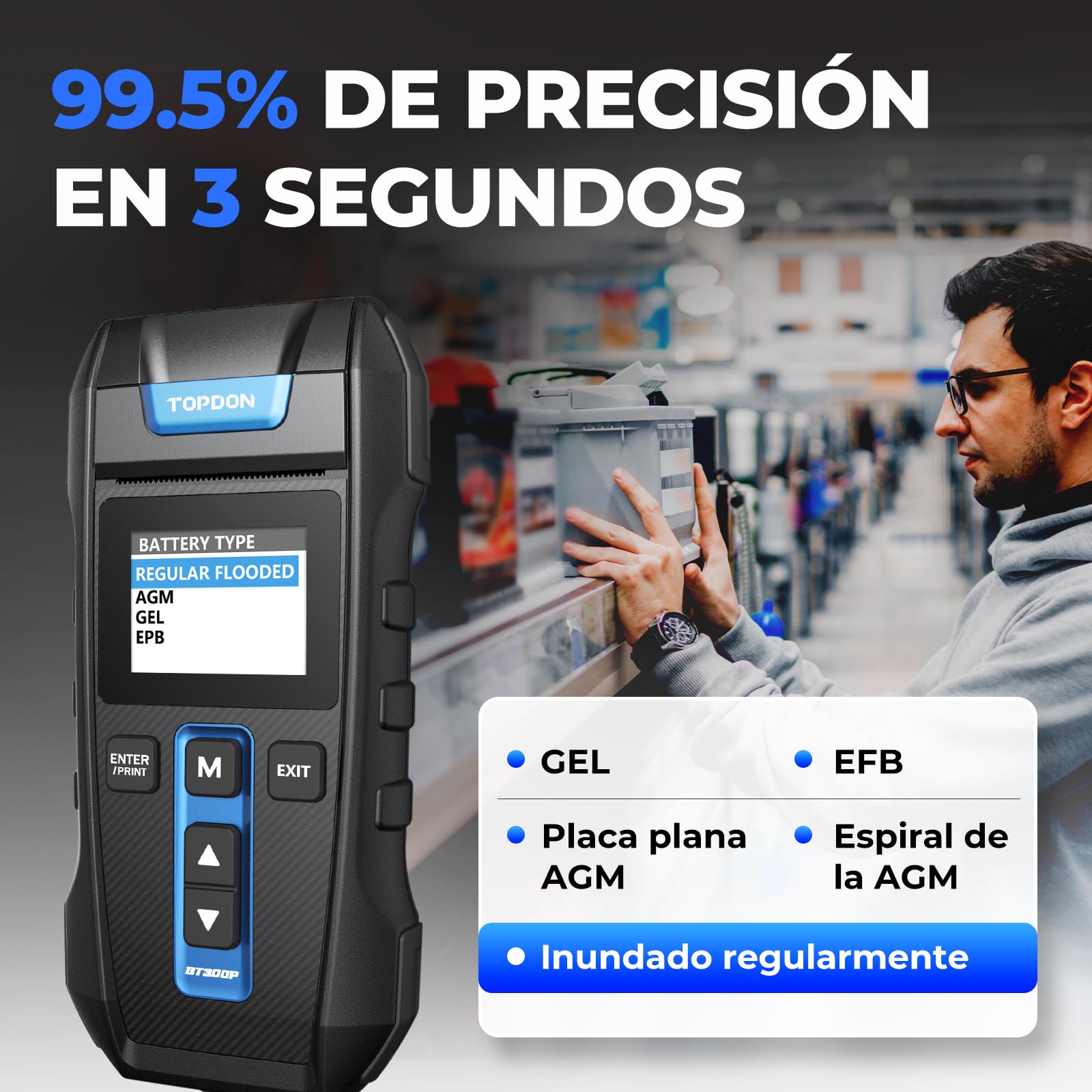 Probador de batería de 12 V/24 V con impresora incorporada Topdon BT300P, 100-2000 CCA - Probador de carga automático para prueba de batería/arranque/carga