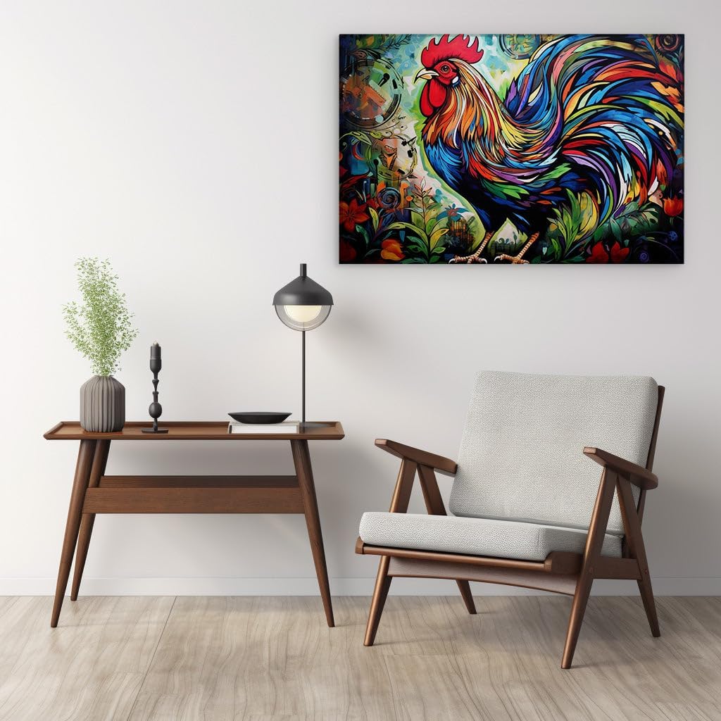 Canvas for Living room. Radiant Dawn Sentry - A Kaleidoscope of Colors in a Rooster's Realm, 27 x 18 inch Canvas Wall Art - Ready to Hang