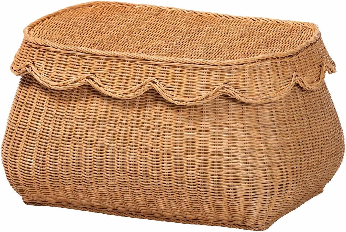 bali & pari Ayleen Natural Rattan Basket with Scalloped Lid – Handwoven Wicker Storage Box, Boho Coastal Home Décor, Small
