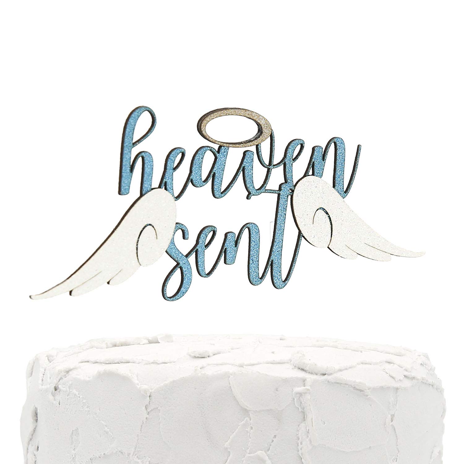 NANASUKO Cake Topper - heaven sent - Double Sided Baby Blue Glitter with White Opal wings - Premium quality Made in USA