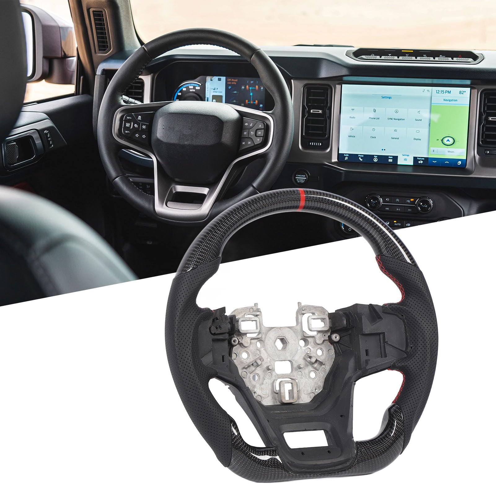 Generic Volante da in Fibra di Carbonio con Fondo Piatto e Pelle Traforata Nera per Auto Sportive Indice Rosso Ore 12