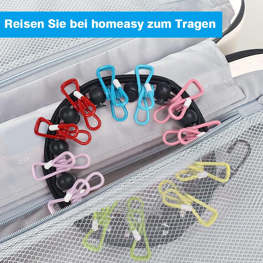 Filo elastico da viaggio, 2 pezzi di filo per bucato portatile con 24 mollette, filo per bucato, mollette da campeggio, per viaggi, vacanze, attività all'aperto, campeggio, dormitorio (colorato