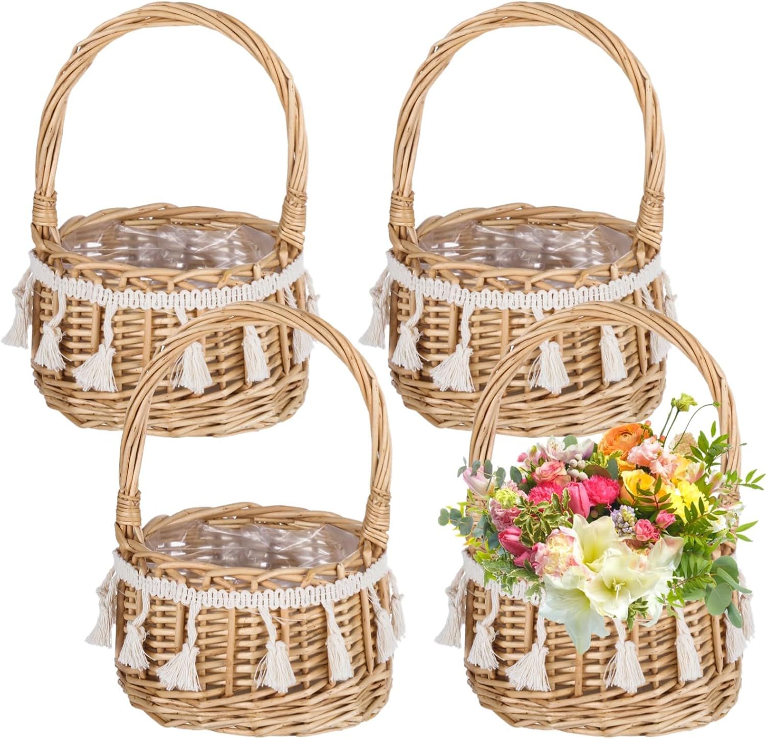4 Pcs Flower Baskets with Handle, 5.1 x 7.5 Inches Wicker Rattan Lightweight Floral Baskets for Gardening Festival Parties