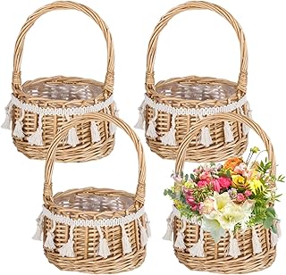 4 Pcs Flower Baskets with Handle, 5.1 x 7.5 Inches Wicker Rattan Lightweight Floral