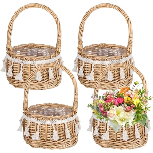 4 Pcs Flower Baskets with Handle, 5.1 x 7.5 Inches Wicker Rattan Lightweight Floral Baskets for Gardening Festival Parties
