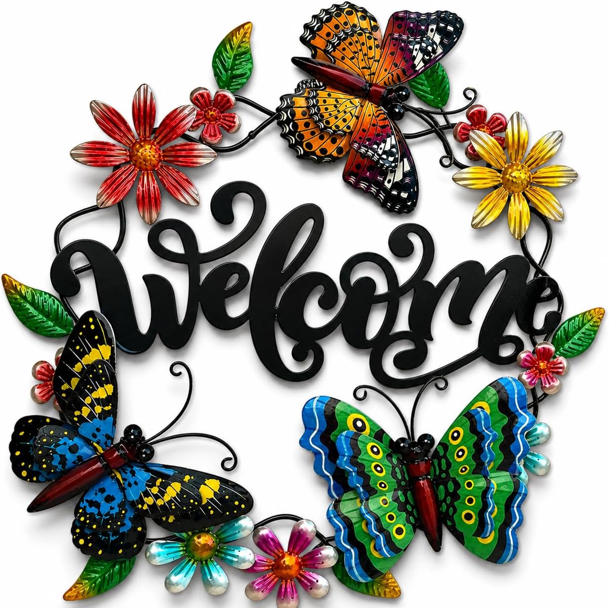Welcome Butterfly 3D Metal Sign Wreath Large Wall Door Garden Indoor Outdoor Decor (20" D)