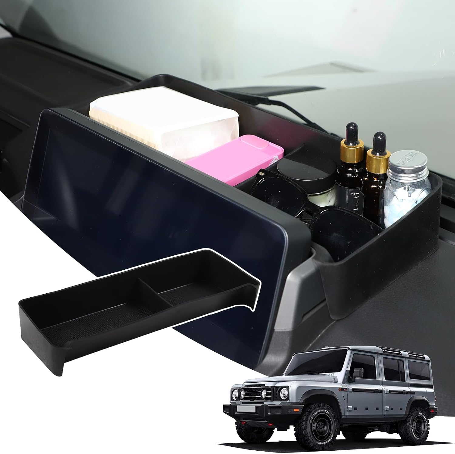 Compatible with INEOS Grenadier 2020-2024 Dash Storage Tray Insert Behind Screen Organizer Storage Accessories, Non-Slip Dashboard Tray Phone Key Organizer Container (Black)