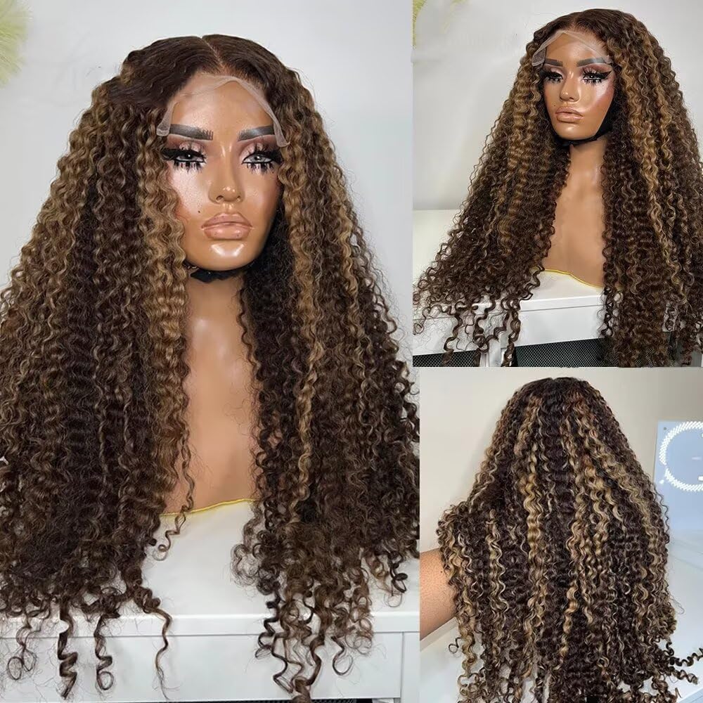 Highlight Honey Blonde Kinky Curly Invisible HD Transparent 13x4 Glueless Lace Human Hair Wigs Pre Plucked for Black Women Brazilian Remy Hair Full End Wig with Bleached Knots 180% High Density
