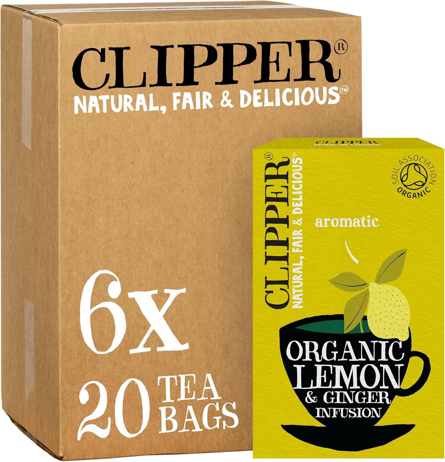 Clipper Organic Lemon & Ginger Tea Bags | 120 Teabag Sachets (6x Boxes of 20) | Bulk Buy, Home & Catering | Caffeine-Free Herbal Tea Bags | Eco-Conscious, Natural, Unbleached & Biodegradable