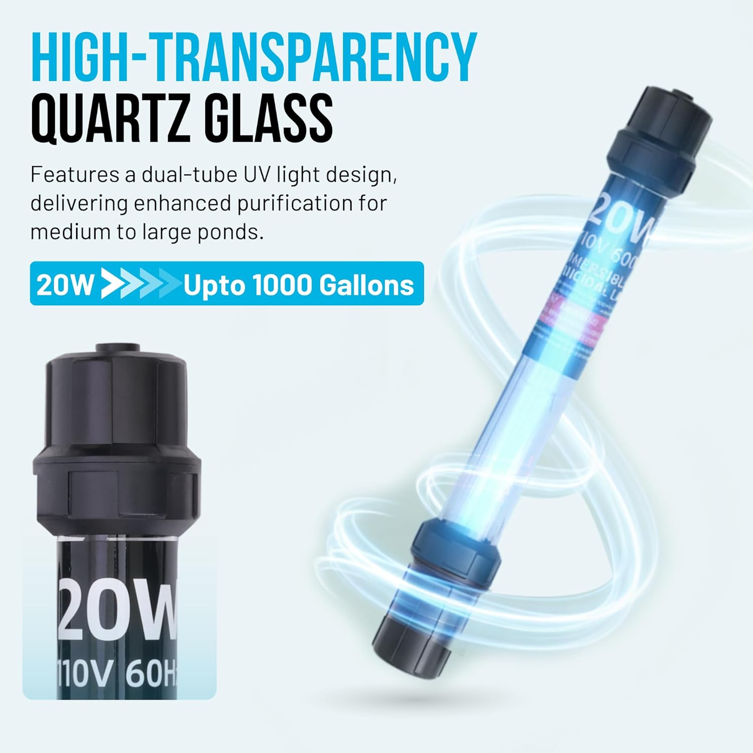 20W UV Water Clarifier with 17ft Cable for 100-1000 Gallon Aquariums, Ponds & Pools - Professional UV Light for Green Water Control in Koi Ponds, Fish Tanks, Spas & Cold Plunge