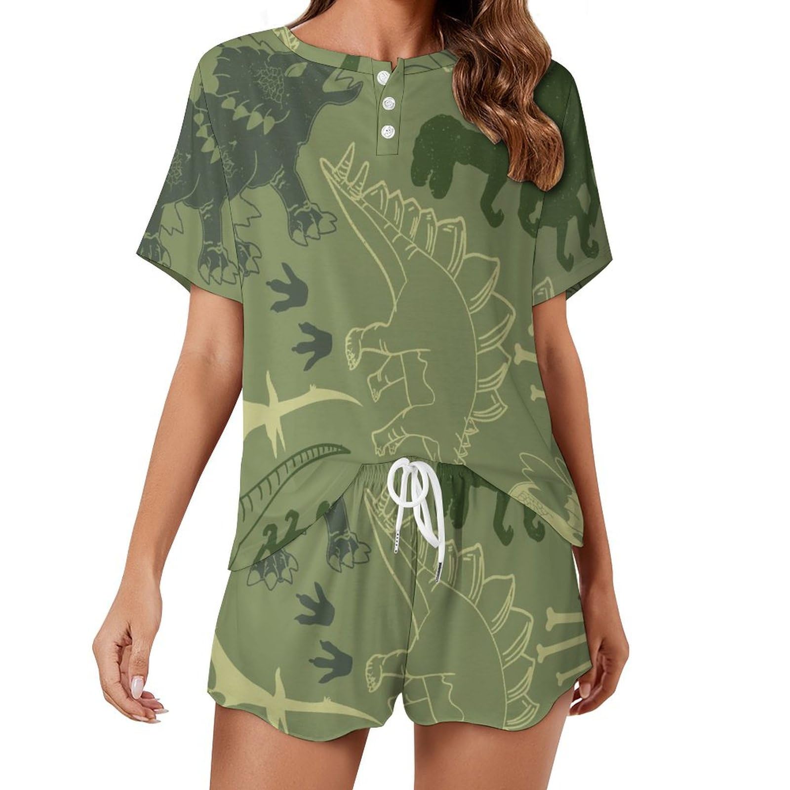 VYJLOO Dinosaurs Green Womens Pajamas Set Short Sleeve Sleepwear Nightwear Pjs Set Loungewear