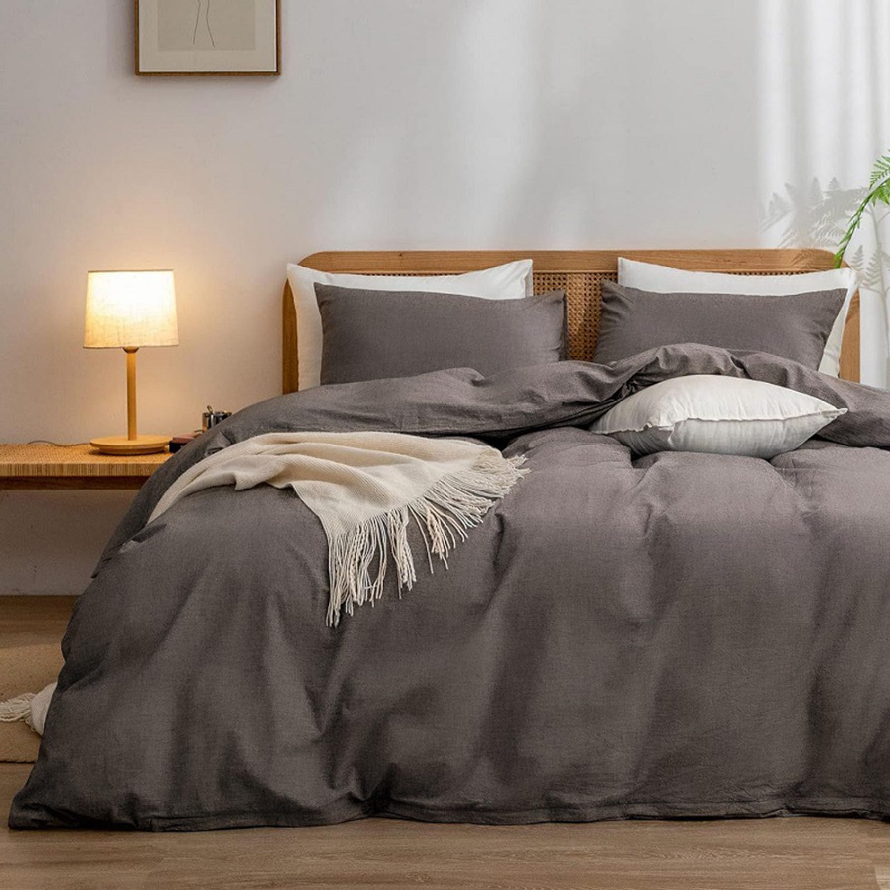 Ensemble housse de couette 220x240 marron microfibre premium toucher soie grand lit King