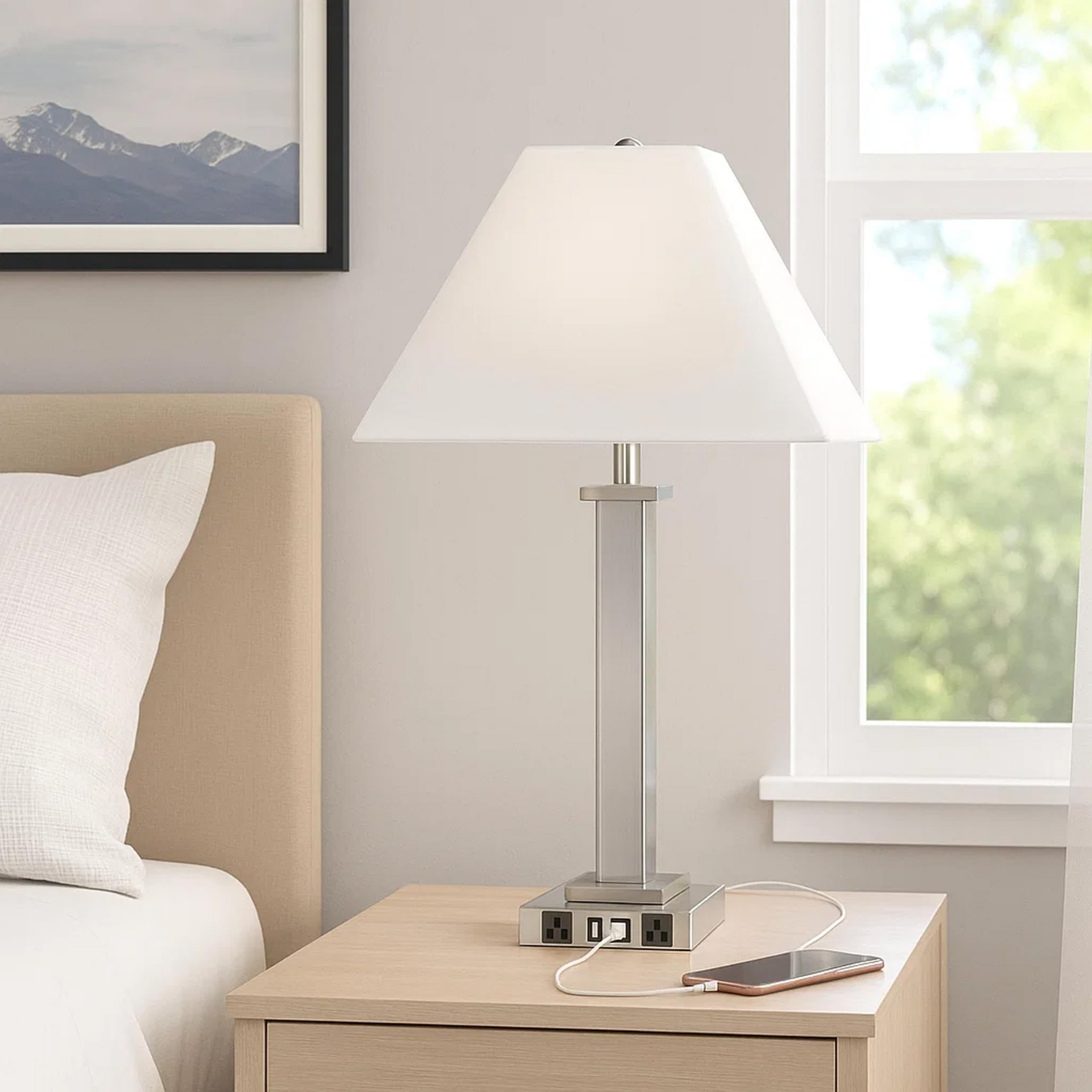 Benjara Trapezoid Shade Table Lamp with Metal Base and 2 USB Ports