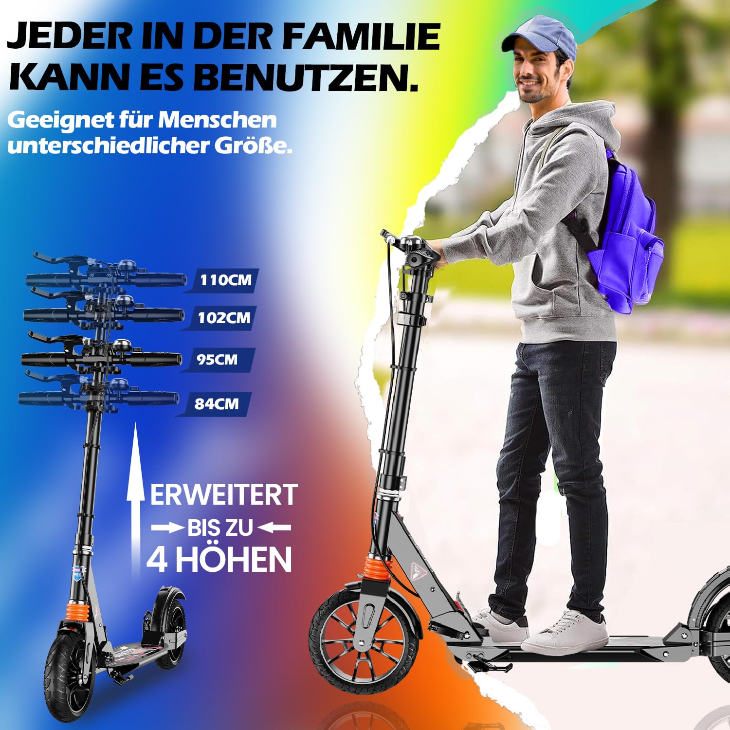 City Roller, Erwachsene 150 kg Tragkraft - BigWheel (200 * 50mm) Stabiler Scooter Kinder Pro, 4-Fach Höhenjustierbarer & zusammenklappbarer Roller mit Ständer ＆ Scheibenbremse Sportlicher