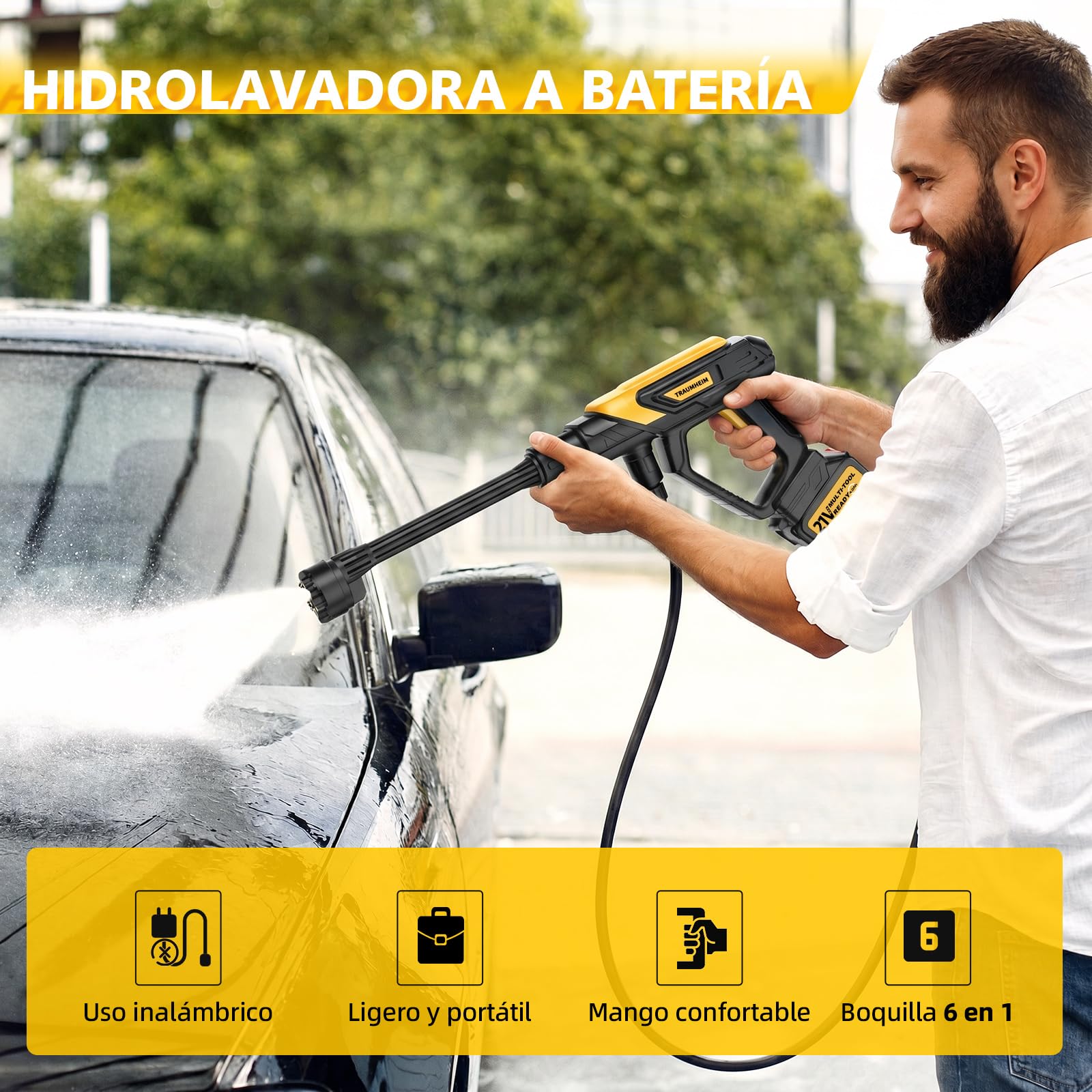 Limpiador de alta presión inalámbrico Traumheim 21V 68Bar – 2 baterías de 4000mAh, juego de 17 piezas, limpiador portátil para auto, terraza y jardín