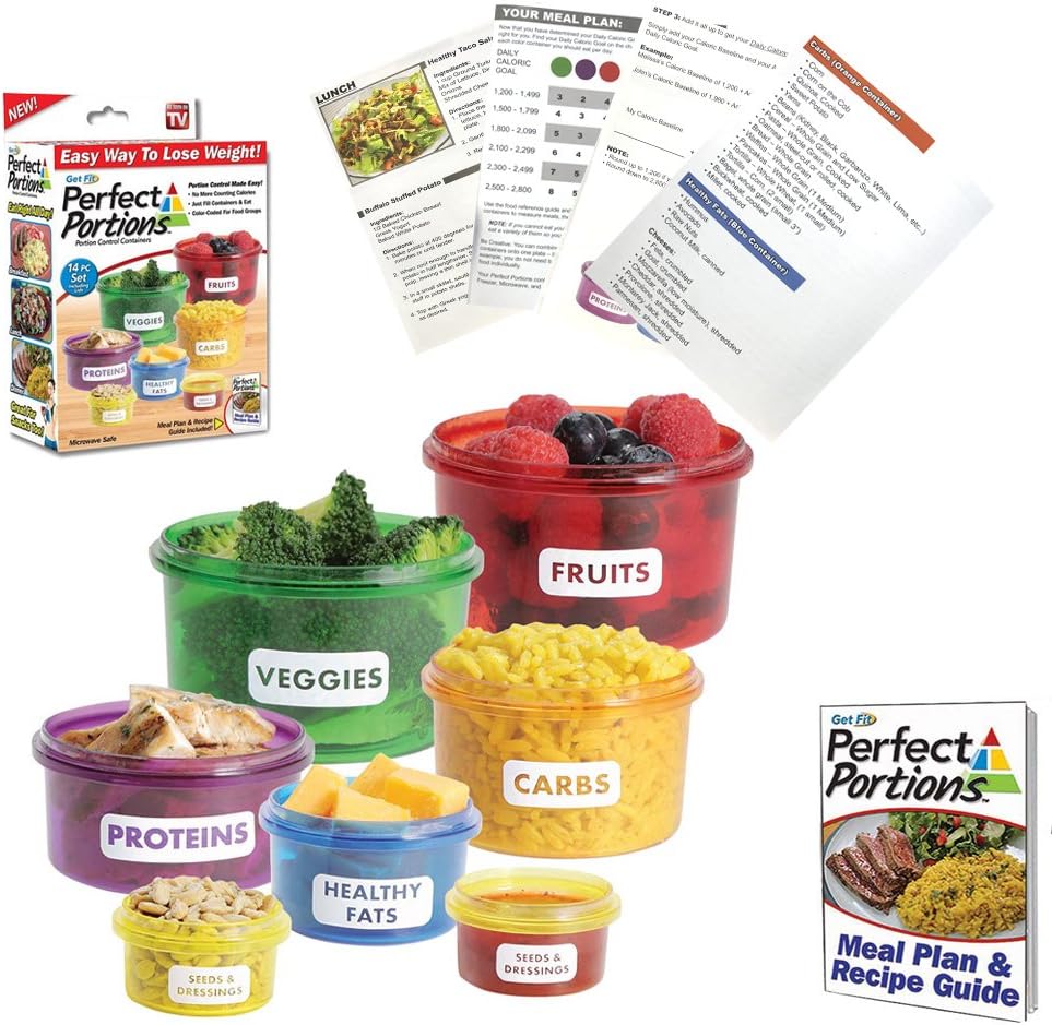 7-Piece Labelled Color Coded Dishwasher Microwave Safe Diet Portion Control Containers with Meal Planner and Recipe Guide Book