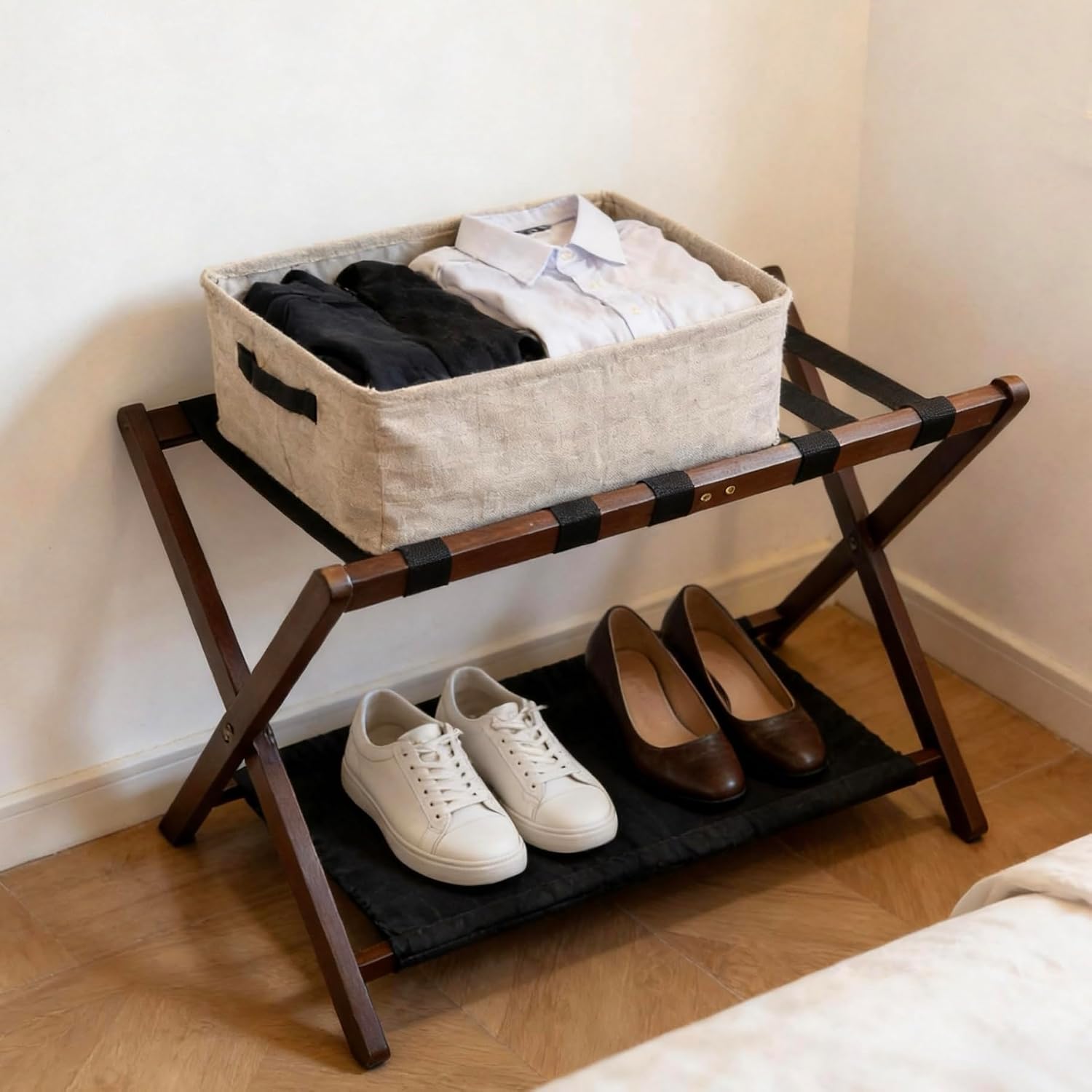Walnut Luggage Racks Set of 2 ,Double-Layer Storage Shelf，Bamboo ，Foldable，with 5 Nylon Straps, 26.18" L for Bedroom/Guest Room/Hotel (Walnut -2pack)