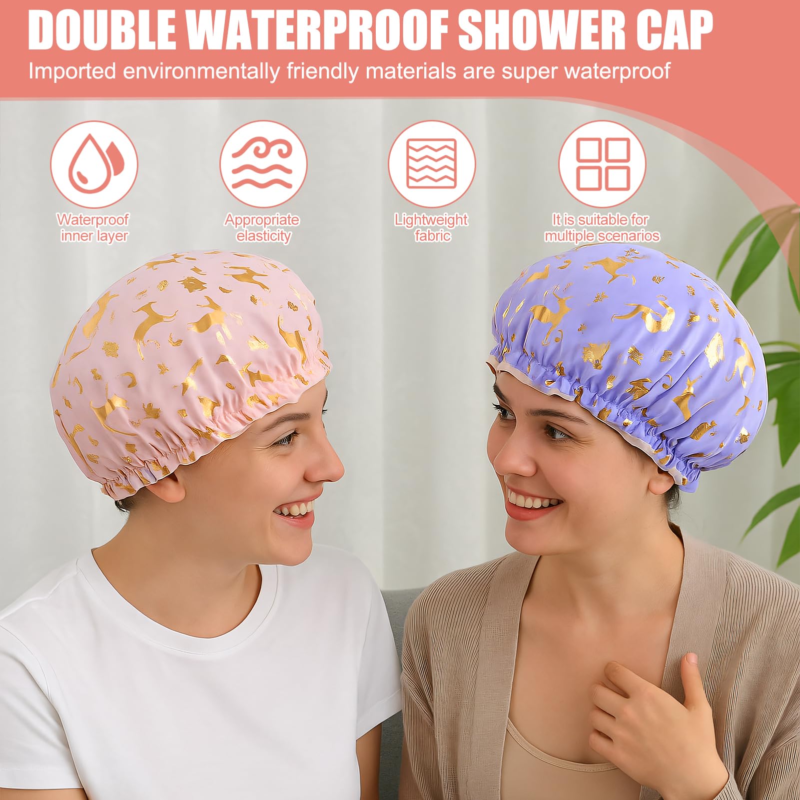 Lotnery 4Pcs Shower Caps for Women & Girls, Double Layer Waterproof Bath Cap with Ruffled Edge Covering Ears - Image 4