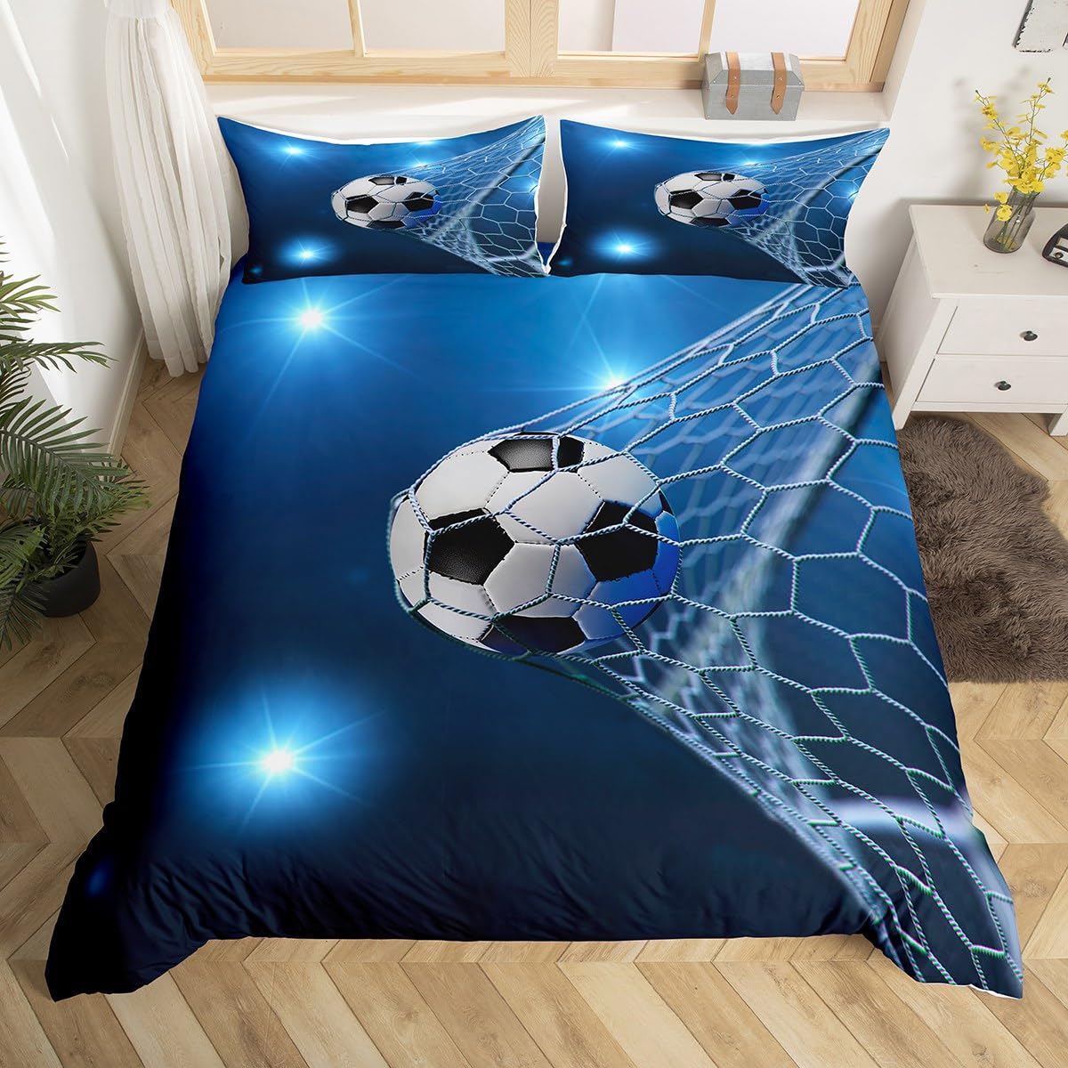 Feelyou Rugby Sports Bedding Set Football Comforter Cover Set for Kids Teens Soccer Ball Game Duvet Cover Gift for Soccer Lover Blue Bedspread Cover Room Decor Queen Size Bedspread Cover 3Pcs