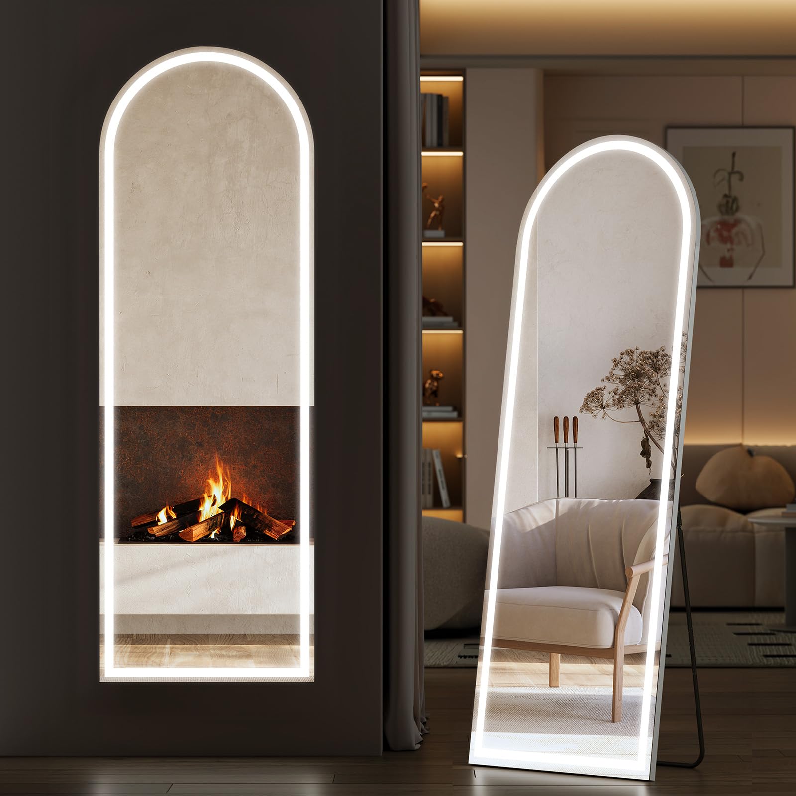 Sweetcrispy Arched Full Length Mirror with LED Lights, 61"x17" Lighted Floor Mirror with Dimming & 3 Color Lighting, Stand for Bedroom, Dressing Room