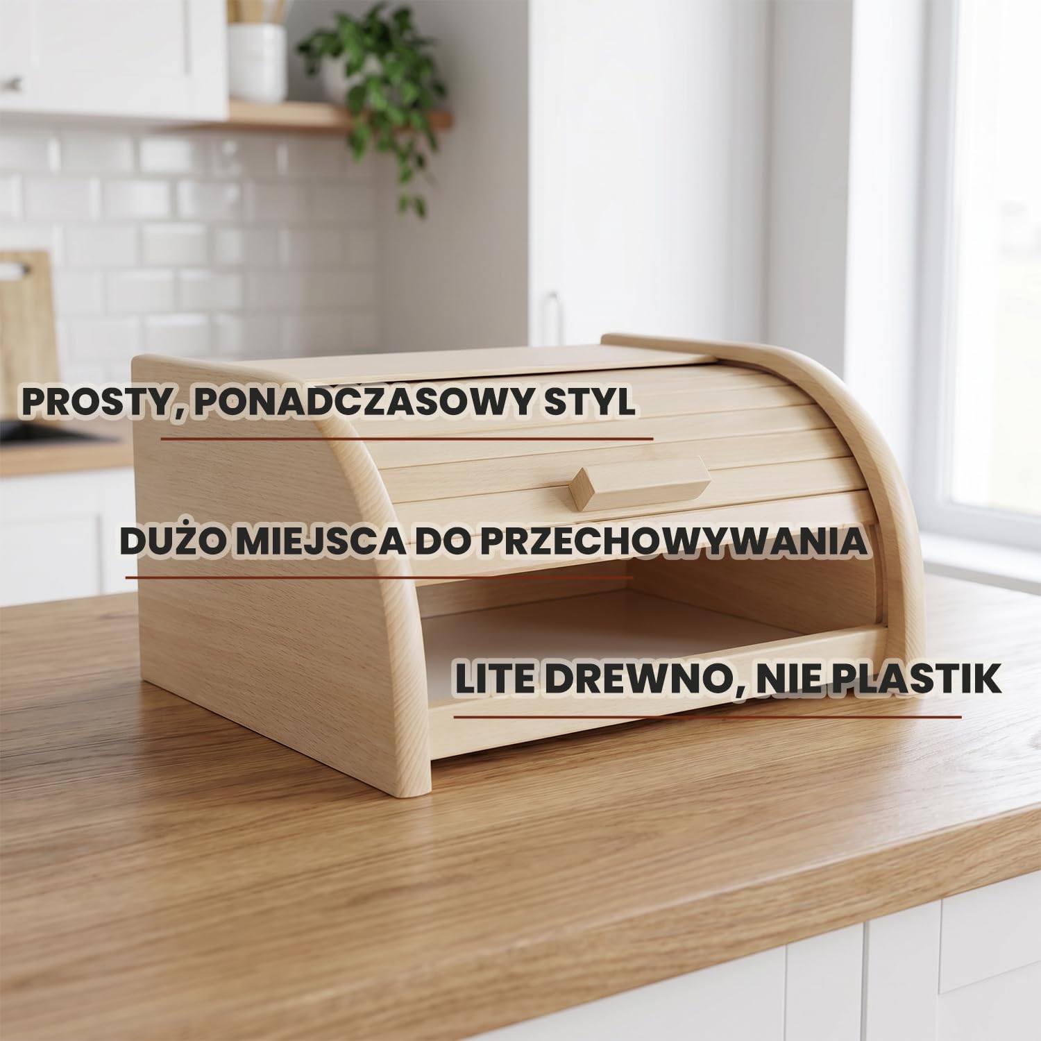 Chlebak bukowy z roletą naturalny nielakierowany 30,5x26x15,5 cm | 30,5 x 26 x 15,5 cm, Drewno bukowe, Porządek w kuchni, Pokrywa rolltop, Do pieczywa, Oszczędza miejsce
