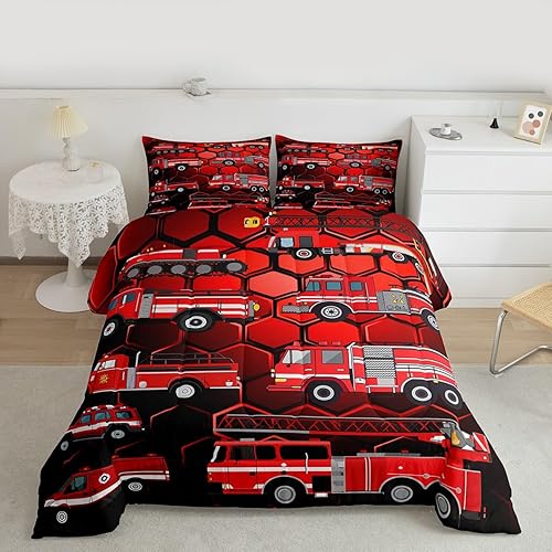 Miniatura 3 de Erosebridal Juego de edredón de camión de bomberos para niños, juego de ropa de cama de panal rojo brillante con diseño de panal de abeja, juegos de