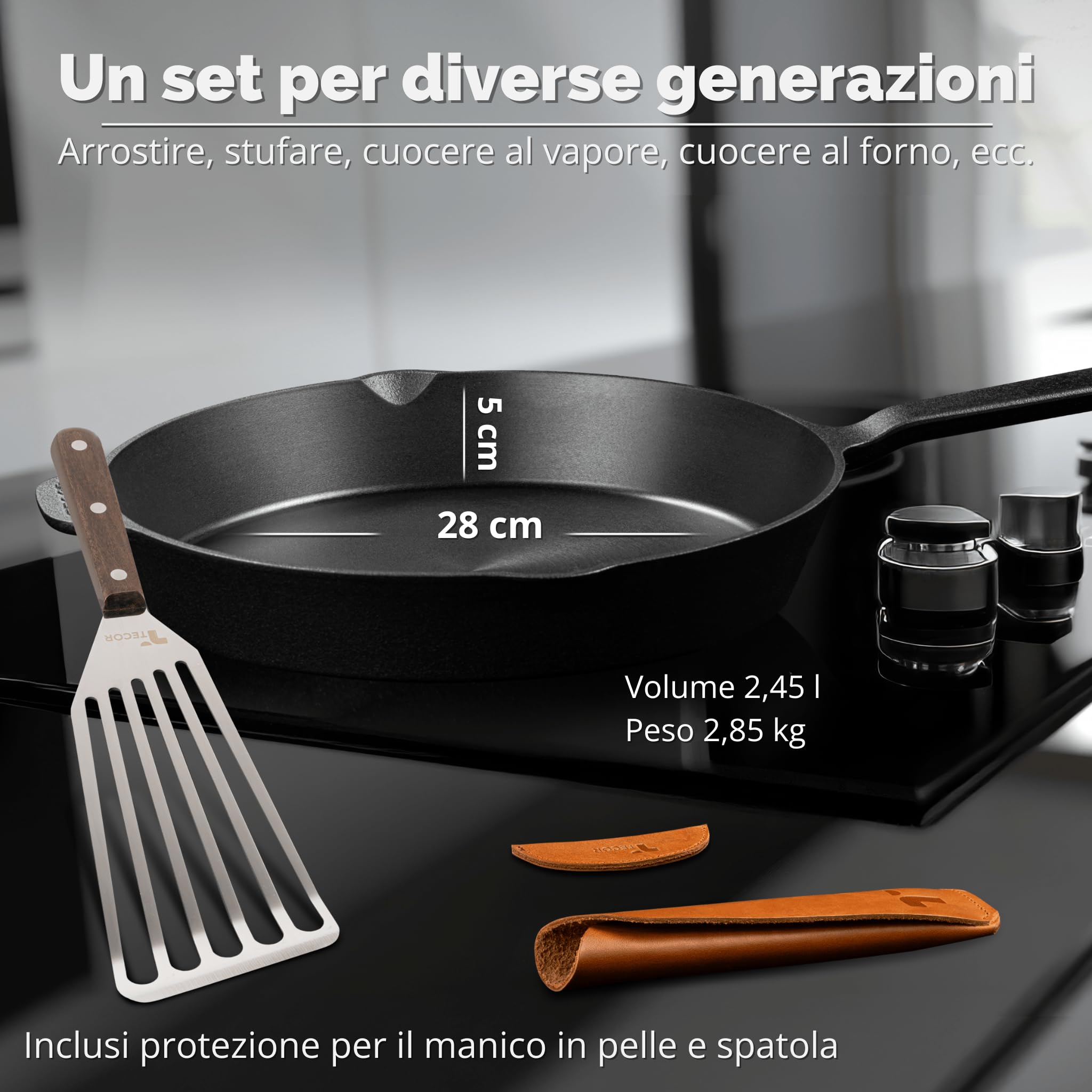 TECOR padella ghisa induzione 28 cm levigata - Naturalmente antiaderente e universale per tutte le fonti di calore - Resistente e versatile per cuochi amatoriali e professionisti - Cast Iron Skillet