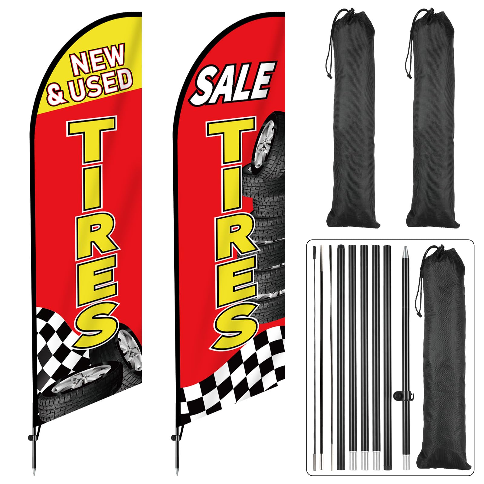 Photo 1 of 2 Sets Tire Sale King Feather Flag for Business Advertising 11 FT New and Use Tires Shop Swooper Flag Banner with Pole Ground Stake Portable Bag Sale Tyre Signs Supplies for Outdoor Events Promotion
