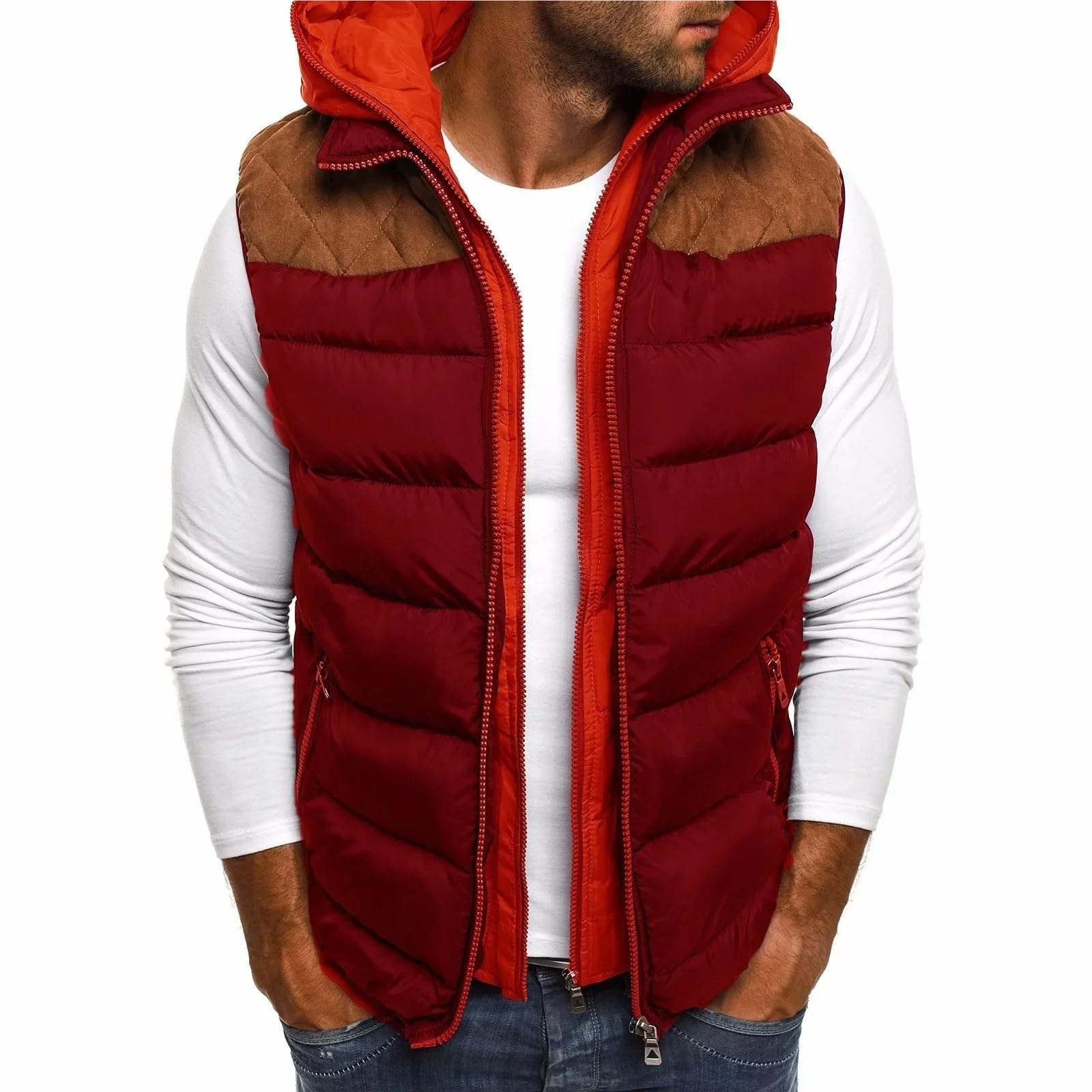 HWJFDC Puffer Gilet Autumn Winter Men's Down Vest Casual Waistcoat Sleeveless Jackets Hooded Vest Outwear Warm Coat Zipper Hooded Vest(Wine Red,L)