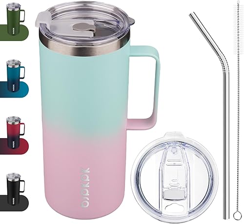 BJPKPK Taza de café aislada con 2 tapas, vaso aislado de acero inoxidable de 32 onzas con asa, tazas de café al vacío de doble pared, taza de viaje