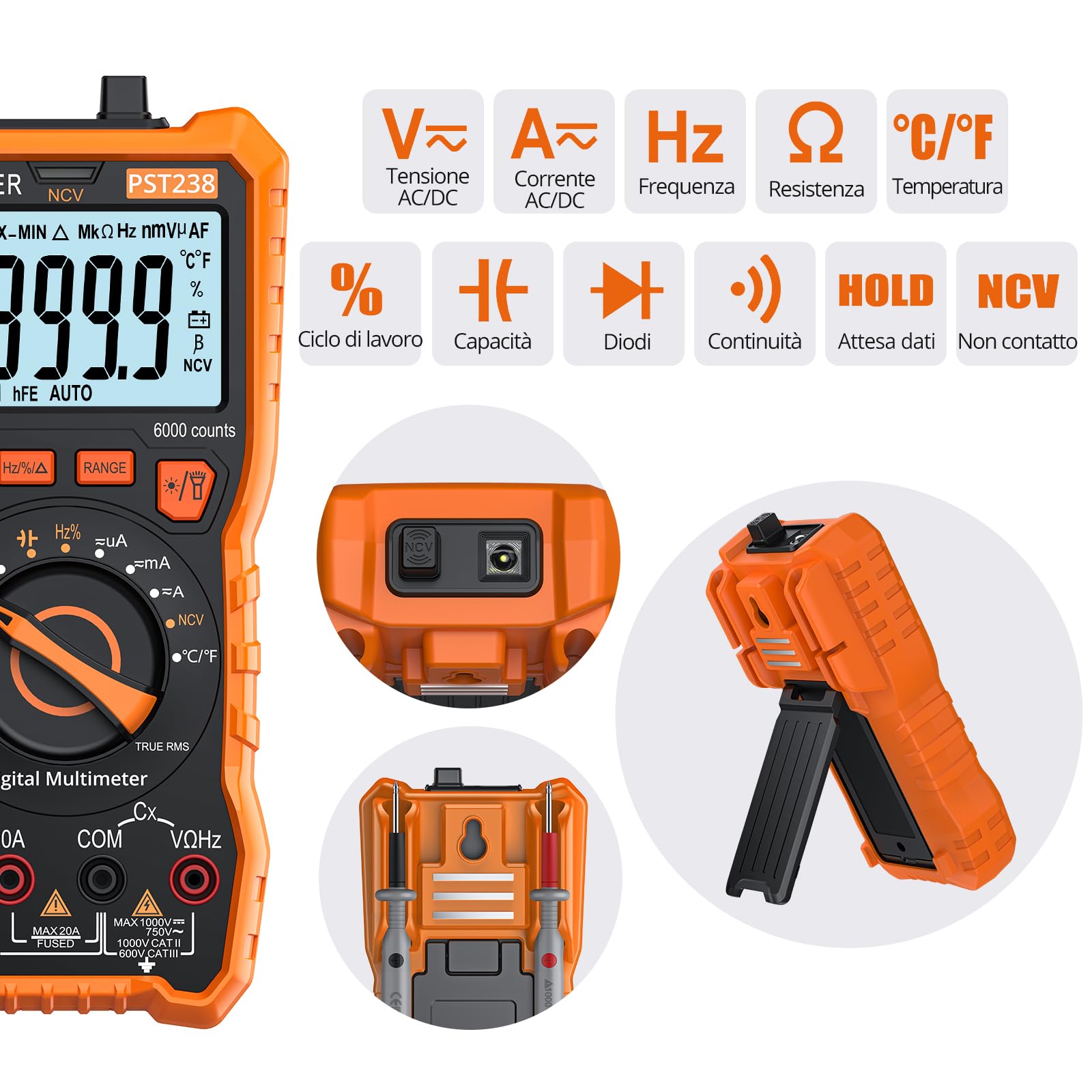 Proster Multimetro Digitale 6000 Conteggi 20A 1000V TRMS Auto Range Rilevatore NCV Misuratore di Tensione Corrente DC AC Temperatura Capacità Resistenza Diodo Tester di Continuità con una Borsa