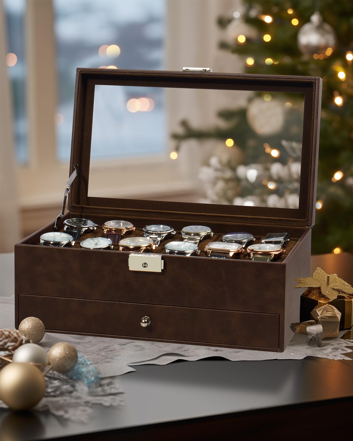 Boîte à montres pour 12 montres, à 2 étages avec couvercle en verre et tiroir, pour homme, avec serrure à clé, cadeau parfait pour homme, pour bagues, boutons de manchette et montres, marron