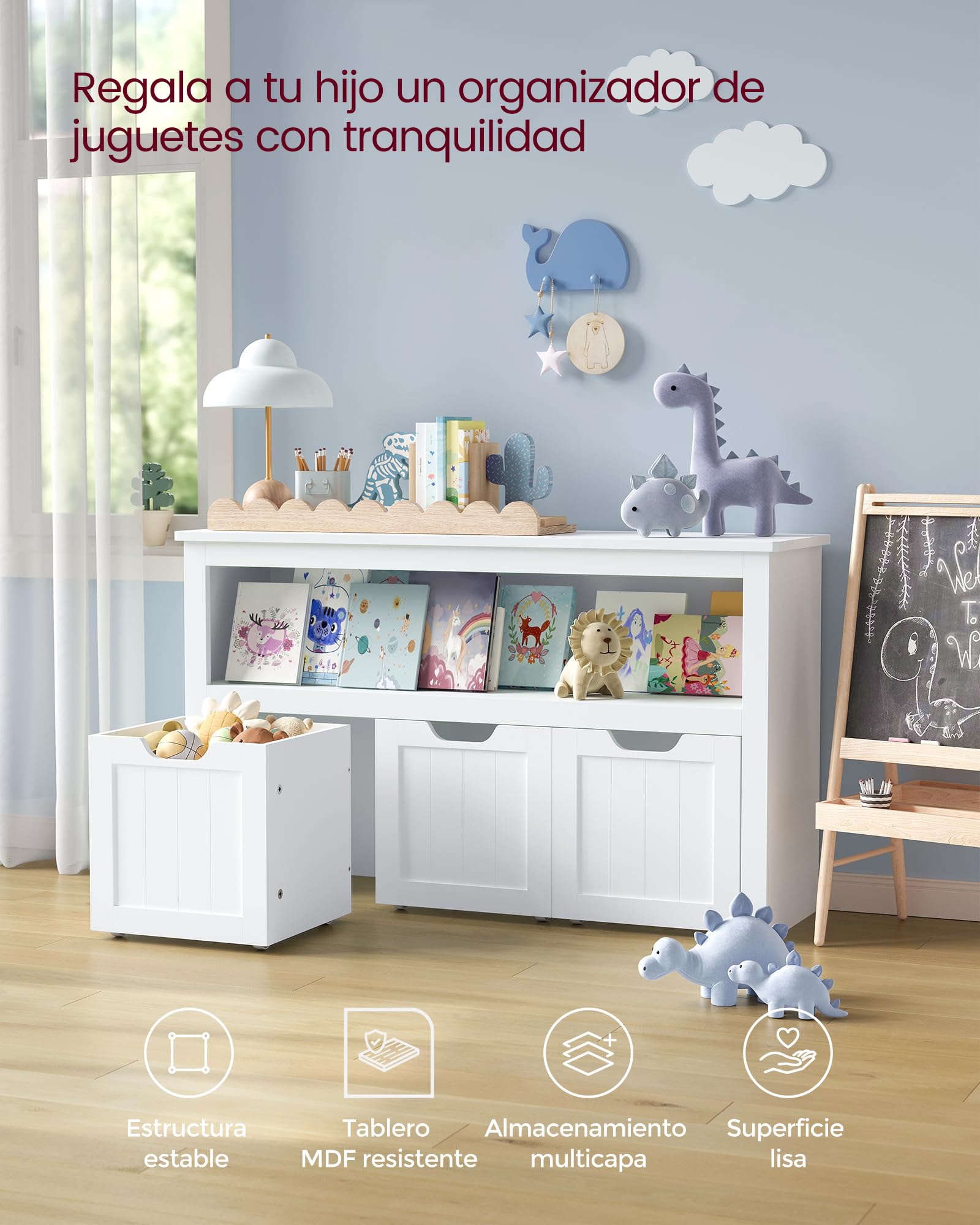 VASAGLE Estantería para Niños, Estantería Infantil, 3 Contenedores con Ruedas, Estantería de Almacenamiento, para Salón, Dormitorio, 30 x 102 x 60 cm, Blanco Nube LHS380W01