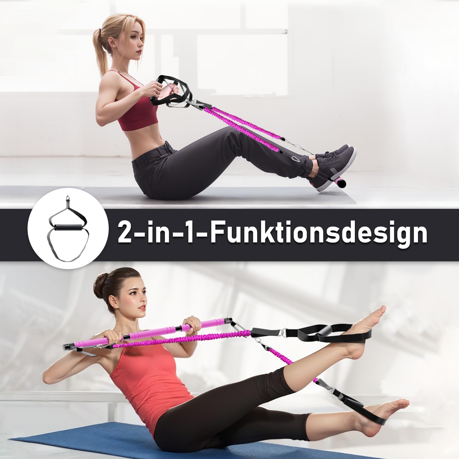 Pilates Bar Set mit 6 Widerstandsbänder, Fitnessbänder Pilates Stangen Set mit AB Rolle, 20/30/40lbs Resistance Bands, Griffe, Türanker für Krafttraining und Körperstraffung (Rosa)