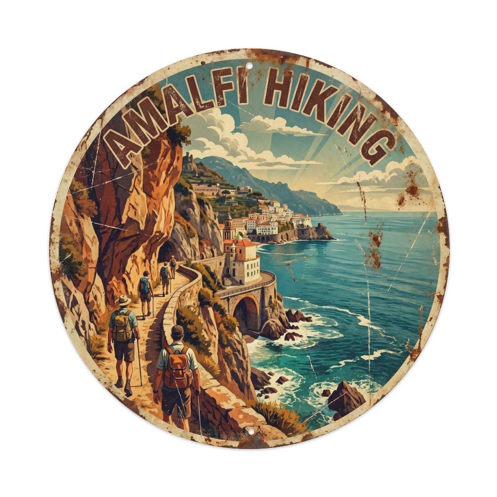 Amalfi Coast Cliff Path Hiking Vintage Travel Mediterranean Metal Tin Sign Plaque Wall Decor for Cafe, Man Cave, Club Bar, Office, Home Garden Round Metal Poster 8x8Inch