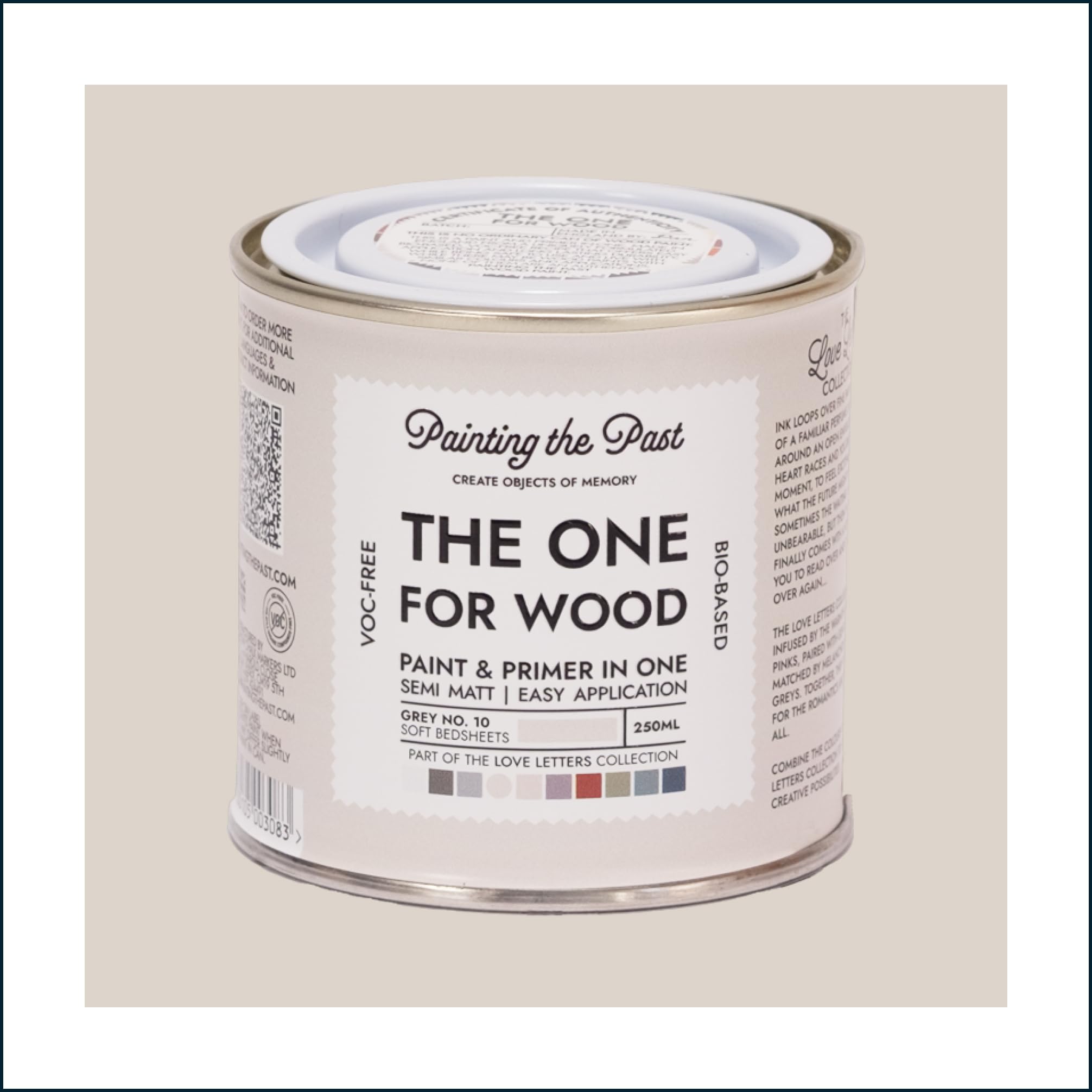 The One for Wood Paint & Primer 250ml Grey No. 10 Soft Bedsheets | Semi Matt Finish, Bio-Based & VOC-Free Formula for Wooden Furniture & Surfaces | Durable & Easy Indoor Home Decorating