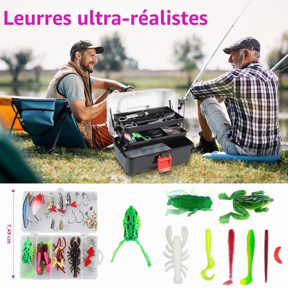 218 Pièces Accessoires de Pêche, Kit de Peche avec Pêche Portable et Boîte, Leurres de Pêche Kit Comprenant Plombs, Hameçons, Plastique Vers, pour Les Poissons d'eau Douce et d'eau Salée