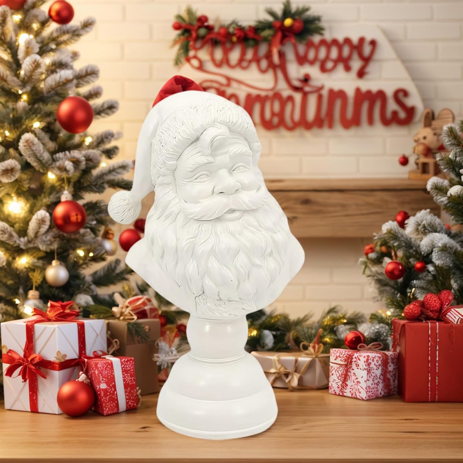 Santa Bust Statue, White Santa Claus Head Statue, Resin Christmas Tabletop Display for Home, Workspace, Bookshelf, and Mantle