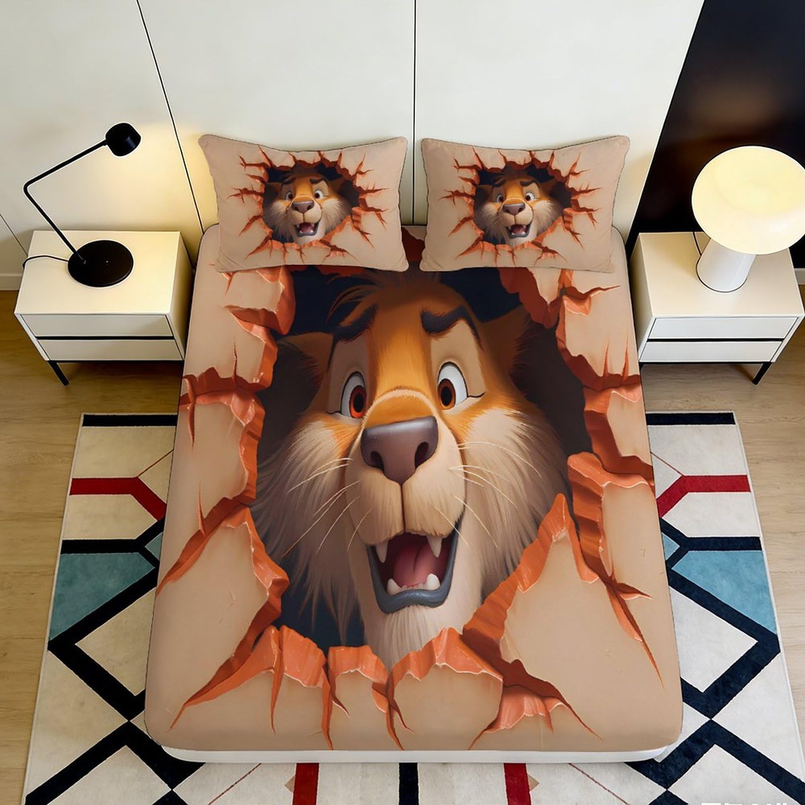 3D Printed Lion Cracked Wall Fitted Sheet Microfiber Brown Cartoon Mattress Cover Anti-Slip Washable Bedroom Decor 90x200x25cm