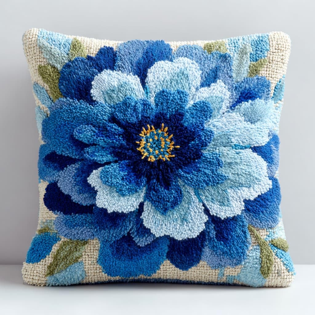 Taxpy DIY Latch Hooking Pillow Kits, Blue Flowers Pillow Cover Preprinted Throw Pillow Needlework Crochet Yarns Latch Hook Cushion Making17x17inch