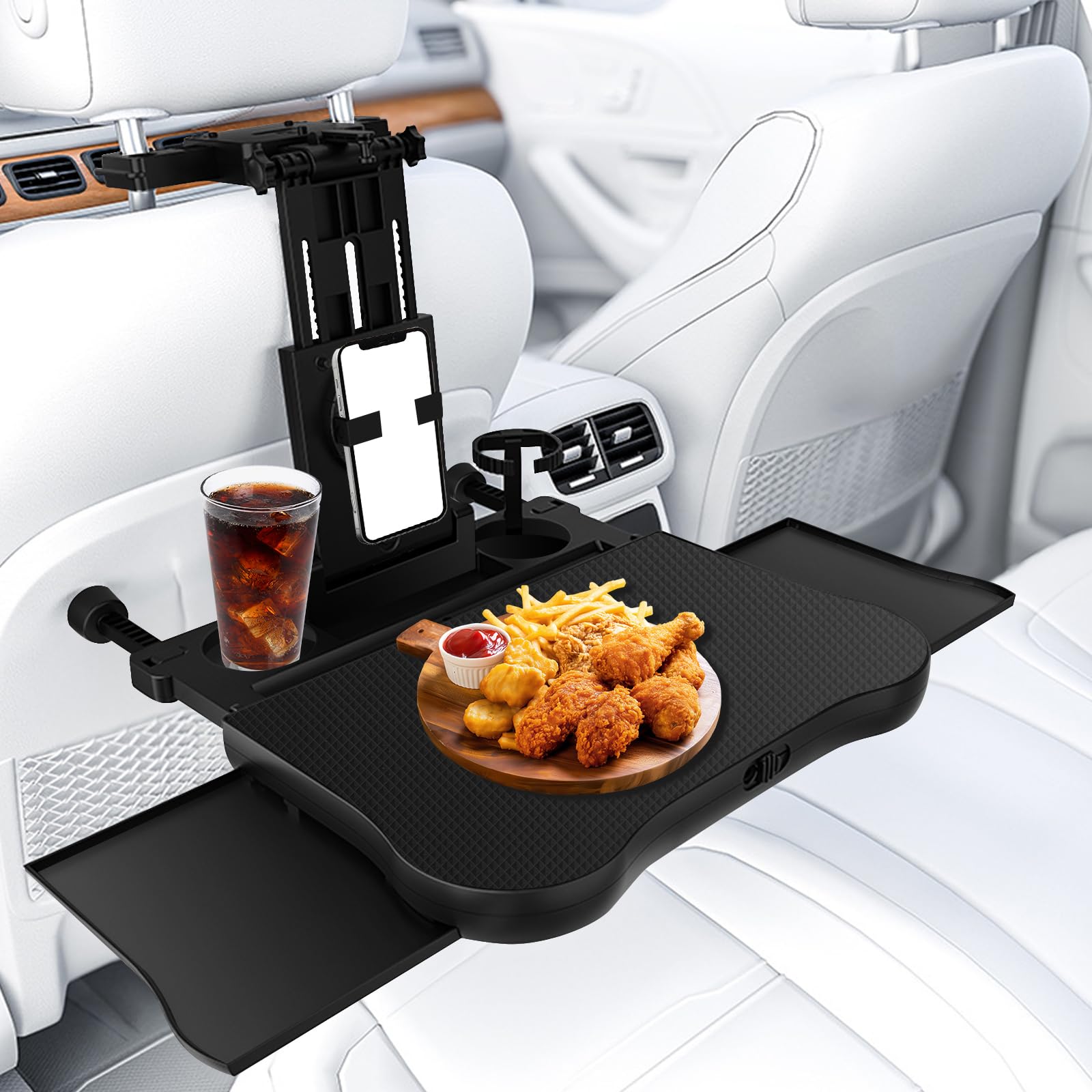 Table De SièGe ArrièRe De Voiture Portable avec Porte-Gobelet, Support De TéLéPhone Portable, Table Pliante RéGlable en Hauteur avec Tapis AntidéRapant pour Voyager, Travailler, Manger