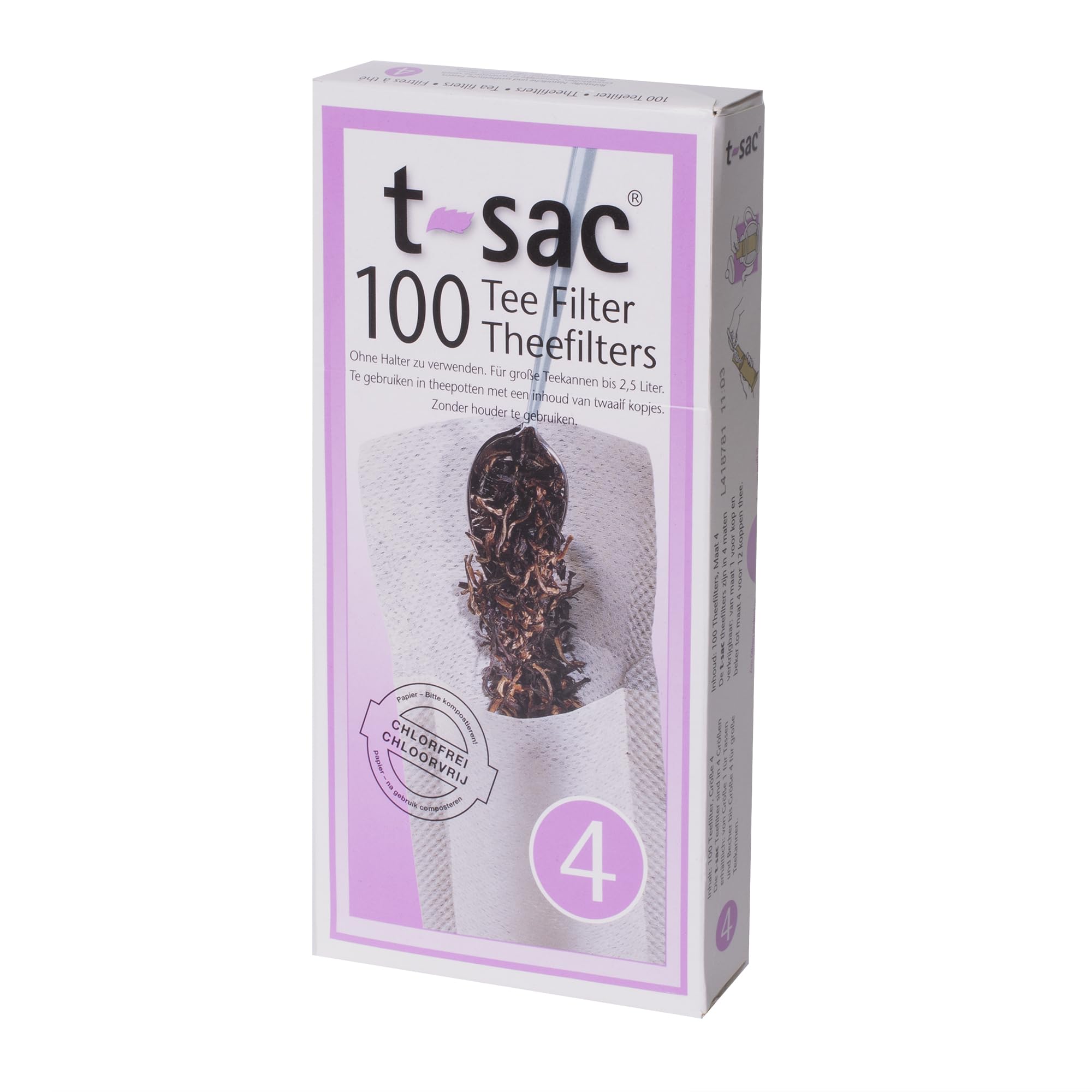T-Sac Tea Filter Bags, Disposable Tea Infuser, Number 4-Size, 6 to 12-Cup Capacity, Set of 100, White