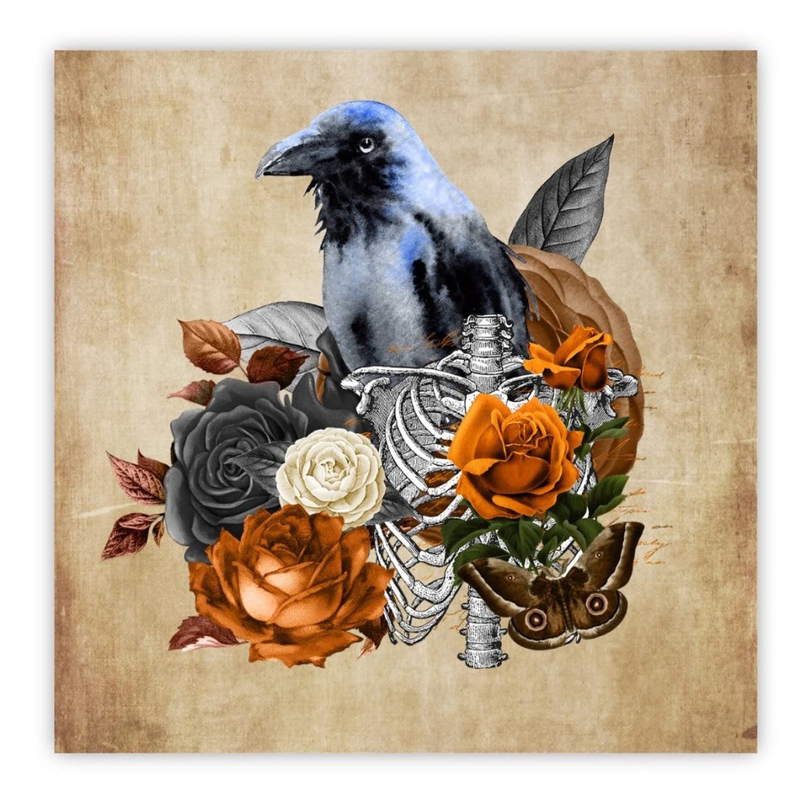 Tableau bois corbeau et crâne rose marron décoration vintage salle de bain