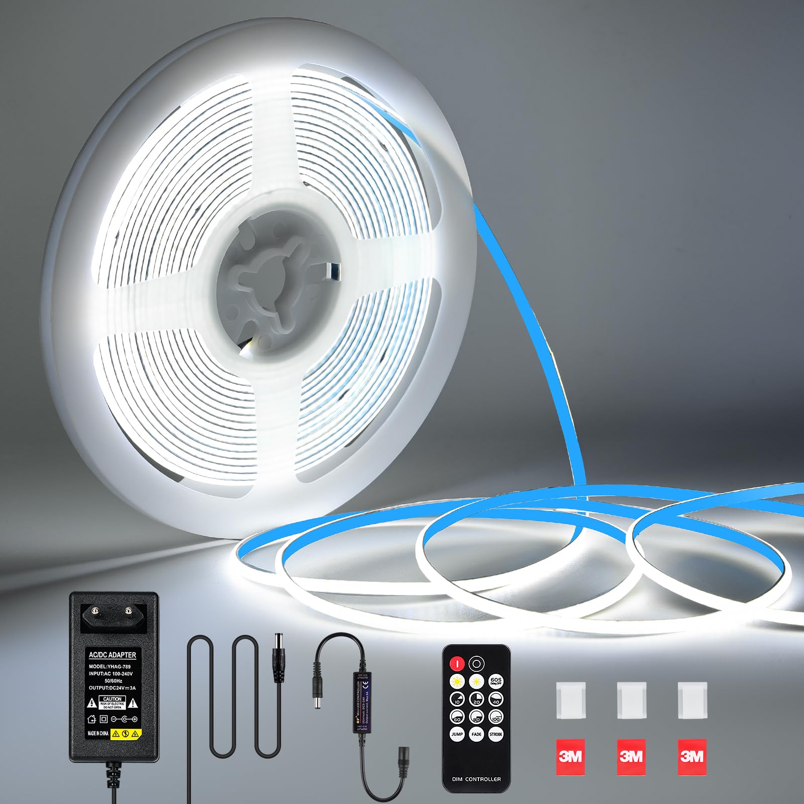 KWODE COB-ledstrip, 6000 K, koud wit, 8 m, 312 leds/m, dimbaar, COB-ledstrip, 24 V DC flexibele lichtstrip met voeding en RF-afstandsbediening voor binnen, woonkamer, slaapkamer, keuken, doe-het-zelf KWODE COB-ledstrip, 6000 K, koud wit, 8 m, 312 leds/m, dimbaar, COB-ledstrip, 24 V DC flexibele lichtstrip met voeding en RF-afstandsbediening voor binnen, woonkamer, slaapkamer, keuken, doe-het-zelf