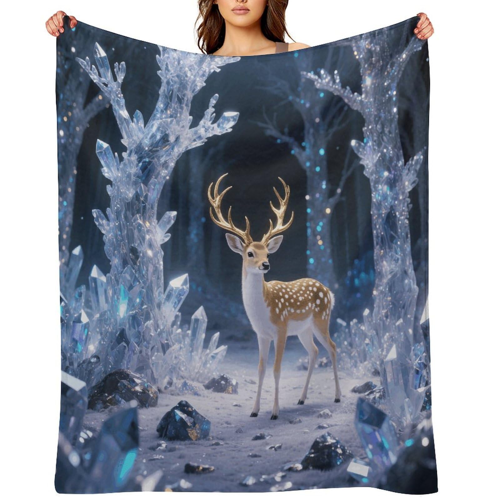 Deer in Crystal Forest Throw Blanket for Couch and Bed Super Soft Warm Lightweight Throw Blankets Cozy Fuzzy Flannel Blanket Personalized Decorative Blankets for Sofa Decor 50"x60"