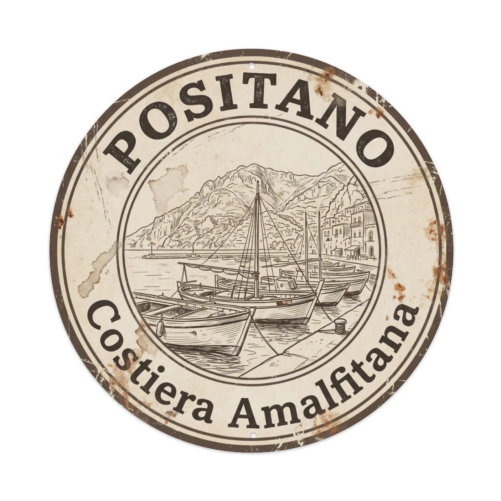 Vintage Campania Positano Coastal Travel Amalfi Coast Metal Tin Sign Plaque Wall Decor for Cafe, Man Cave, Club Bar, Office, Home Garden Round Metal Poster 8x8Inch