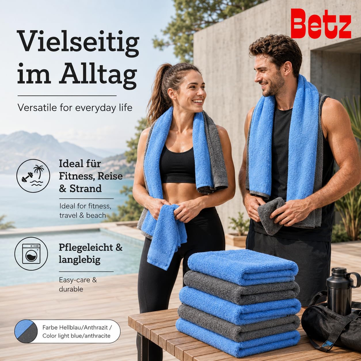 Betz 10-częściowy zestaw ręczników premium 100% bawełna 2 ręczniki kąpielowe 4 ręczniki do rąk 2 ręczniki dla gości 2 rękawice do mycia kolor jasnoniebieski antracyt