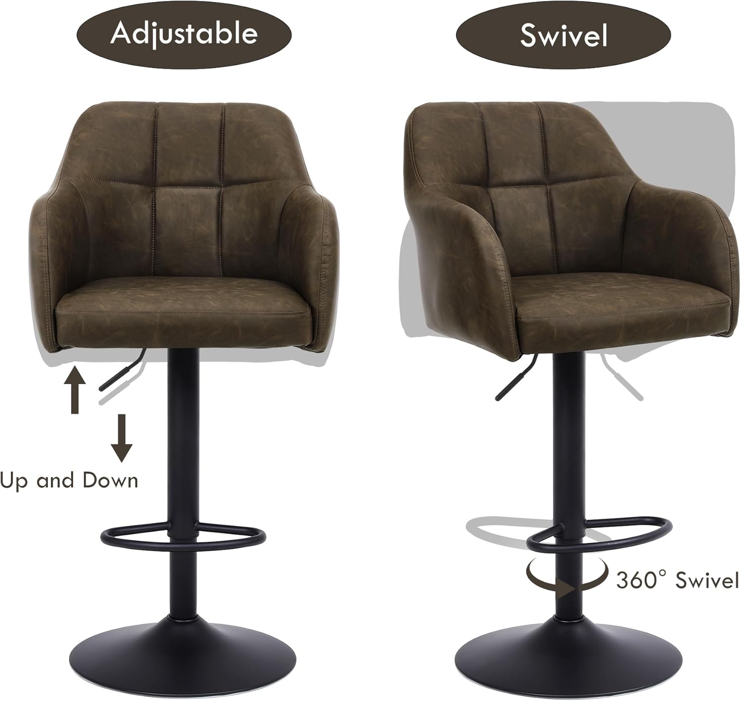 Swivel Adjustable Barstools Set of 2, Faux Leather Bar Height Stools with Armrest, Upholstered Modern Counter Bar Chairs with Metal Footrest for Kitchen Island/Home Bar/Dining Room, Brown